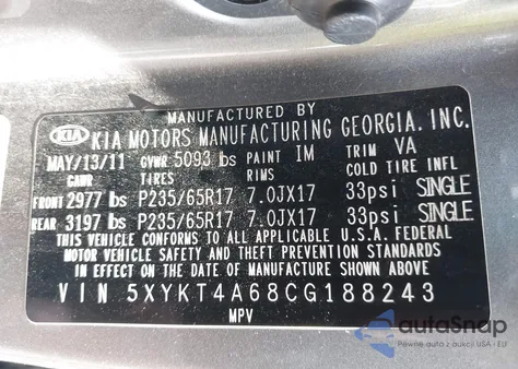 2012 Kia Sorento Lx z USA, uszkodzony, nr VIN 5XYKT4A68CG188243